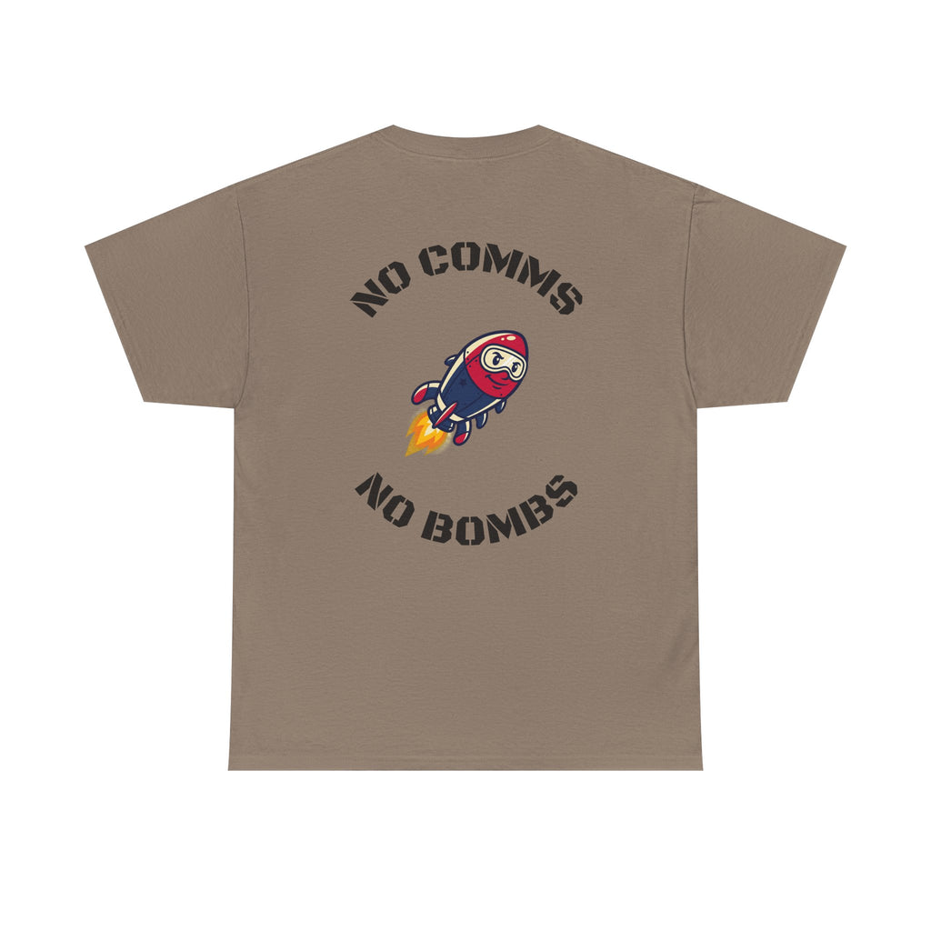 T-Shirt — "No Comms No Bombs" Rocket Graphic Tee