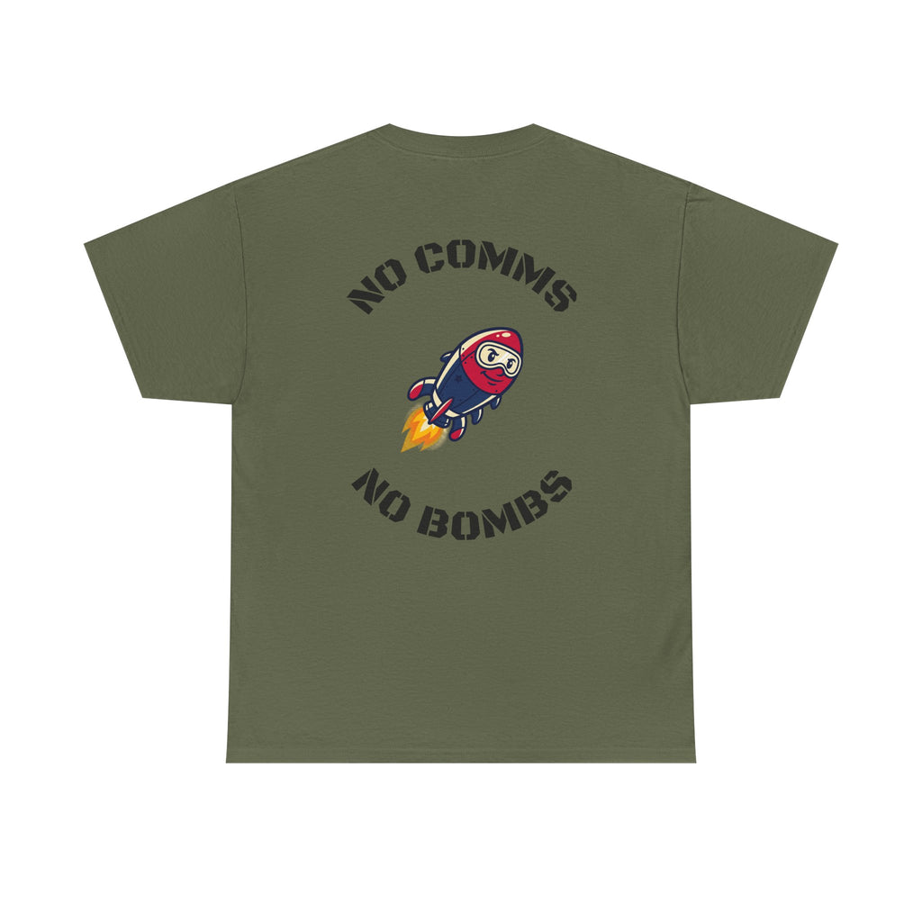 T-Shirt — "No Comms No Bombs" Rocket Graphic Tee